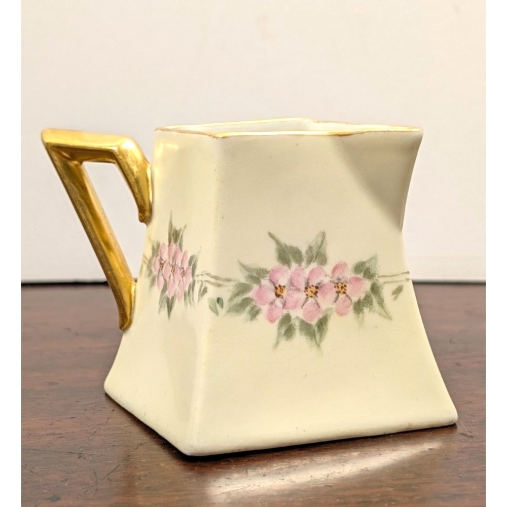 Antique D&C France Limoges Porcelain Creamer Pink Floral Gold Handle c1890s